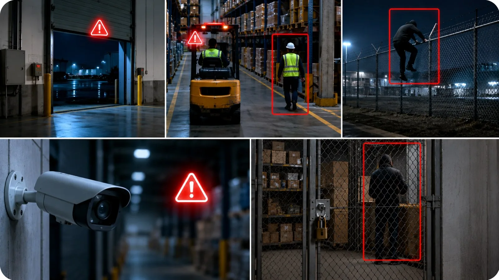 Frames from a round across the warehouse site, each with its alert raised