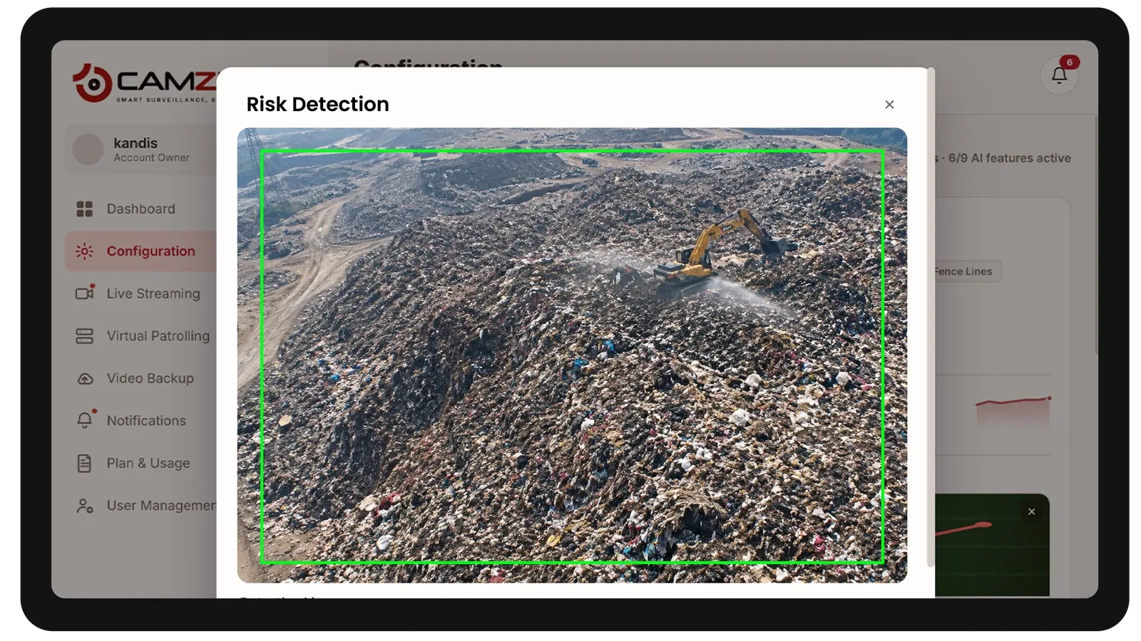 The console configuring a detection on a waste management camera, the zone drawn over the live frame