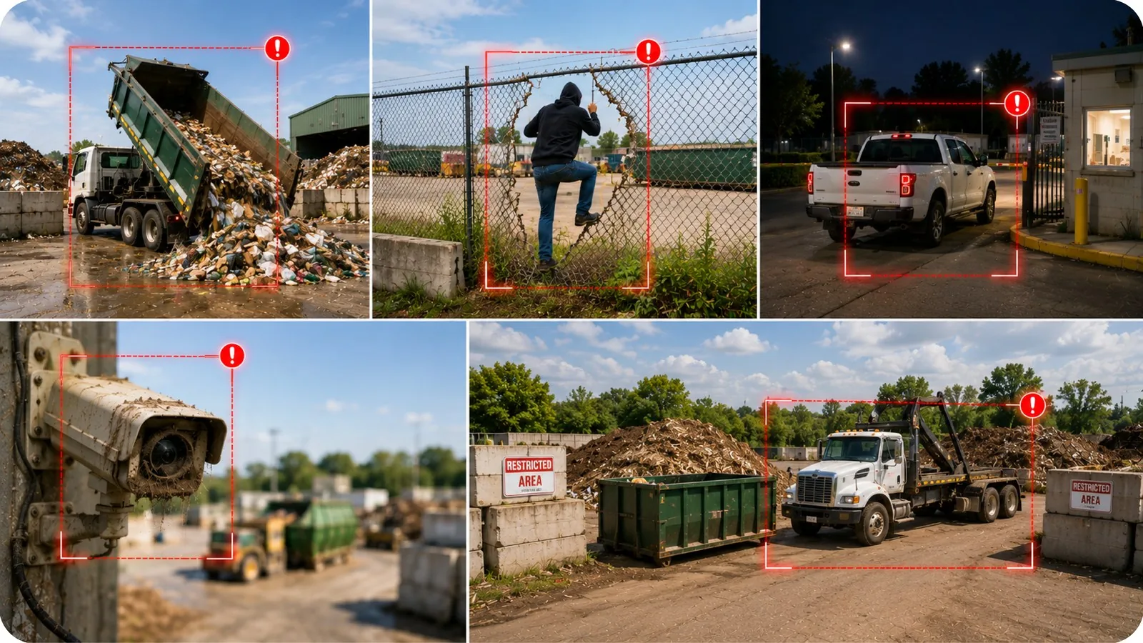 Live streaming from a waste management camera with people and vehicles outlined as they are tracked