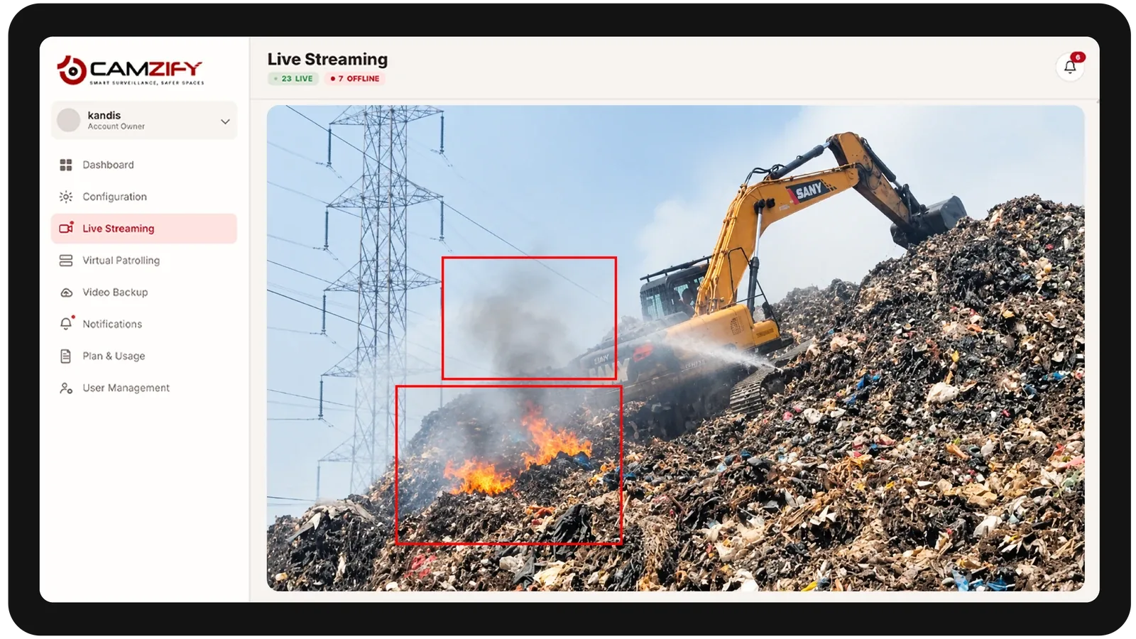 Frames from a round across the waste management site, each with its alert raised