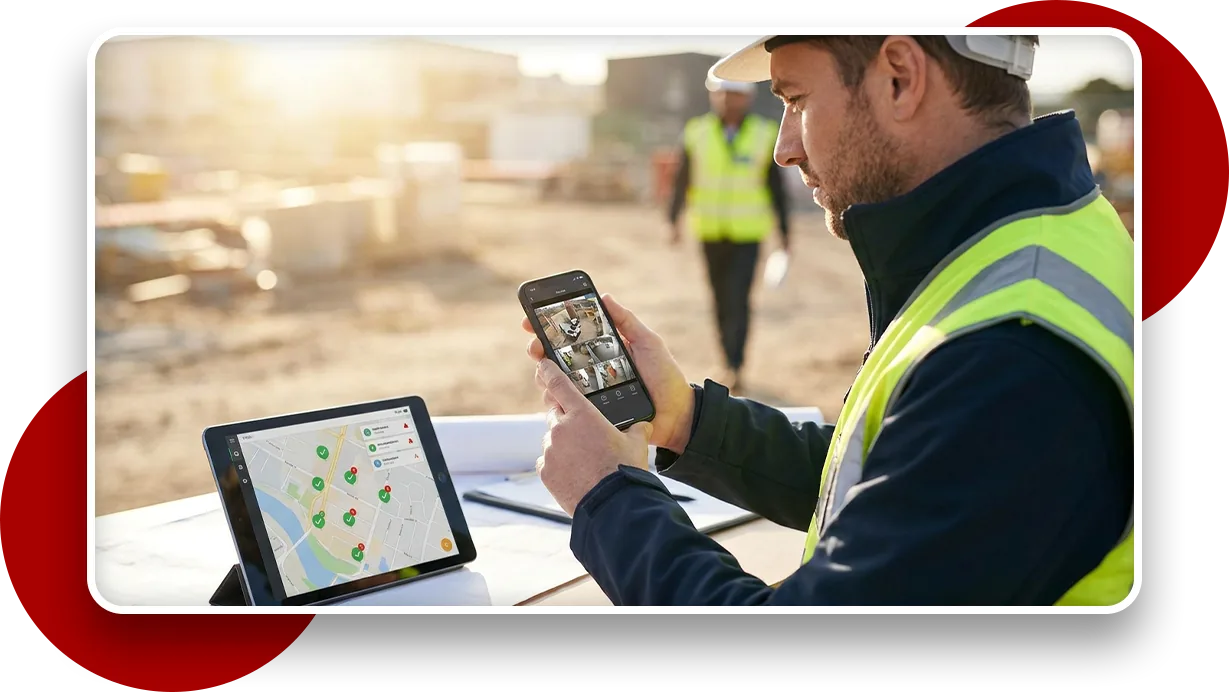 A field worker checking a live camera grid on a phone and a multi-site status map on a tablet at a construction site