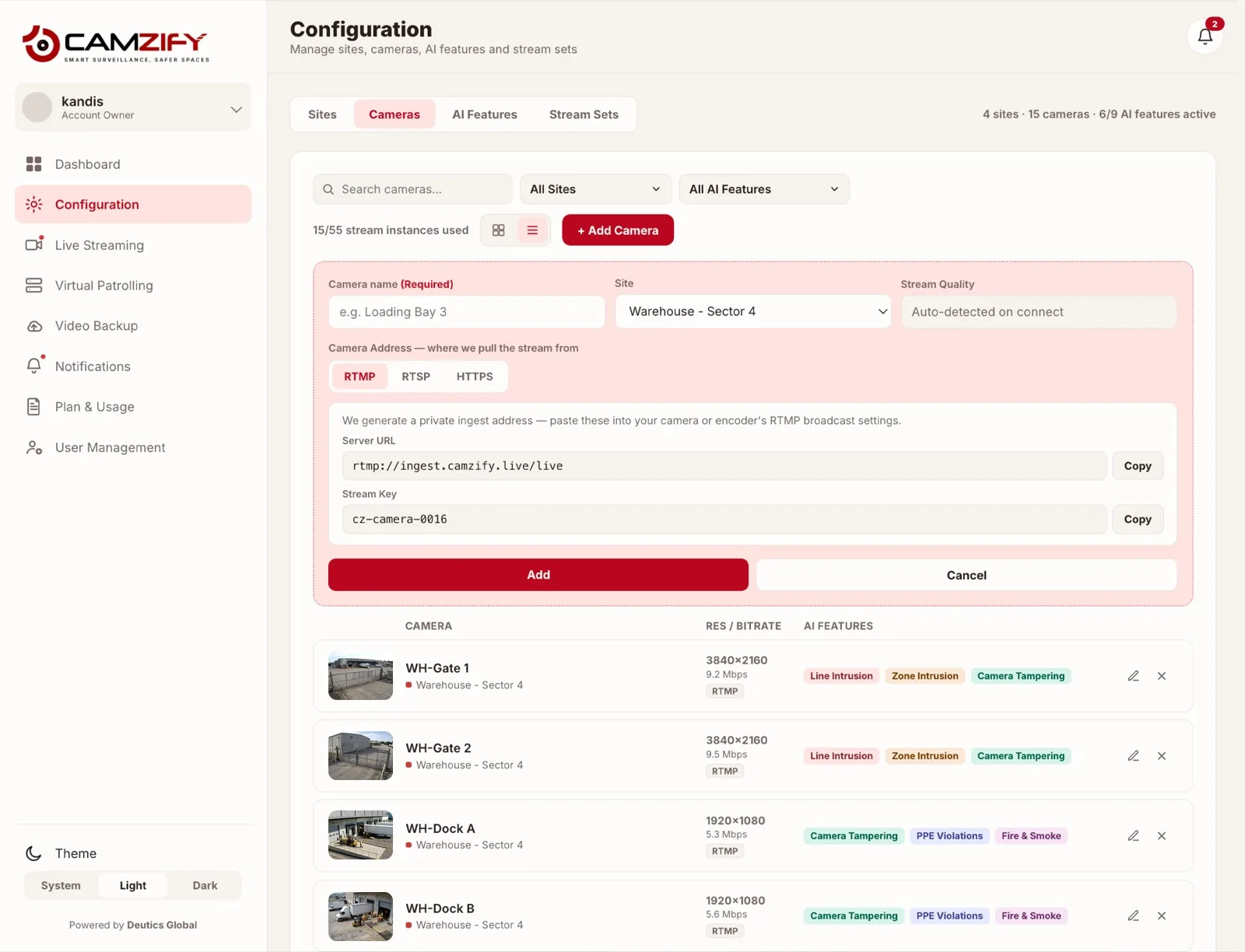 Camzify configuration screen showing four sites with per-site camera counts and seven-day event trends