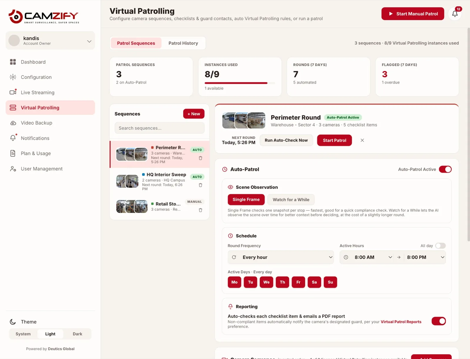 Camzify virtual patrolling screen showing three patrol sequences, auto-patrol scheduling with round frequency and active hours, and per-round reporting settings