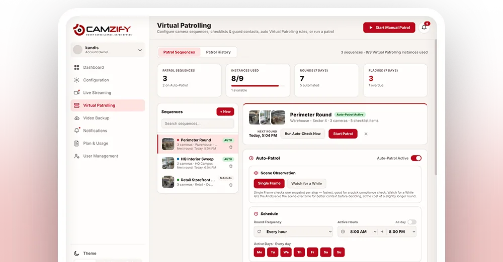 The Camzify virtual patrolling screen with an active patrol round and its camera sequence