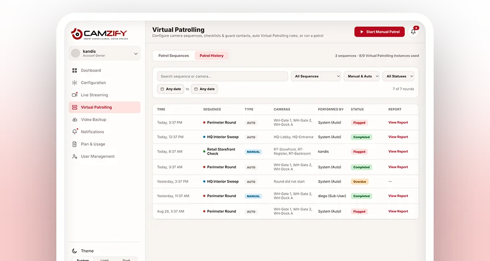Patrol history in the Camzify console listing rounds with their status and compliance