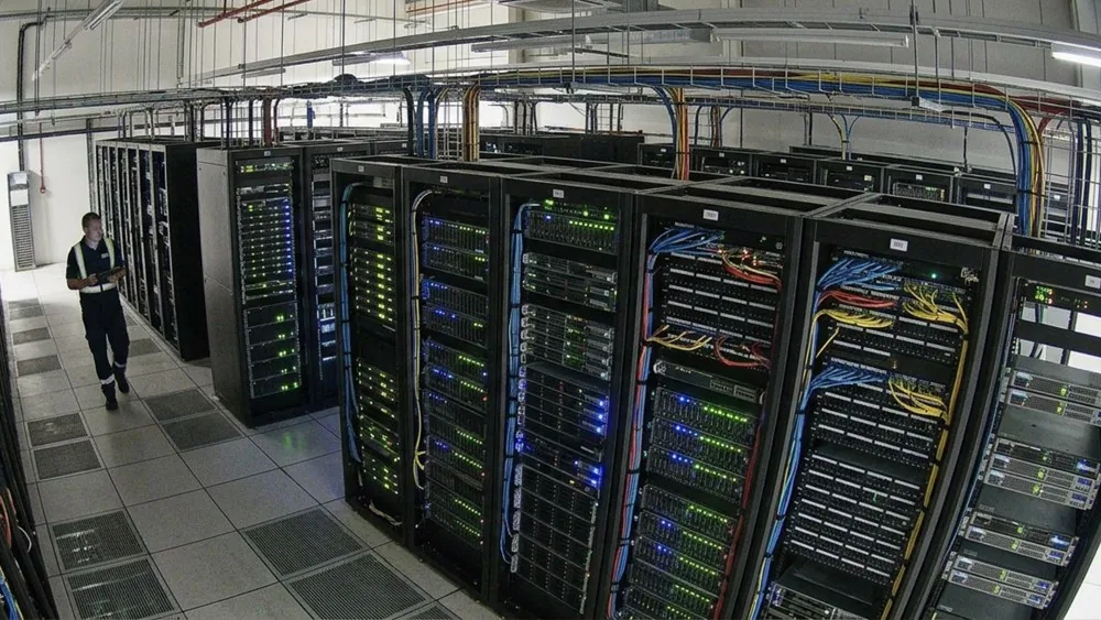 A server room camera: rows of racks with a technician walking the aisle
